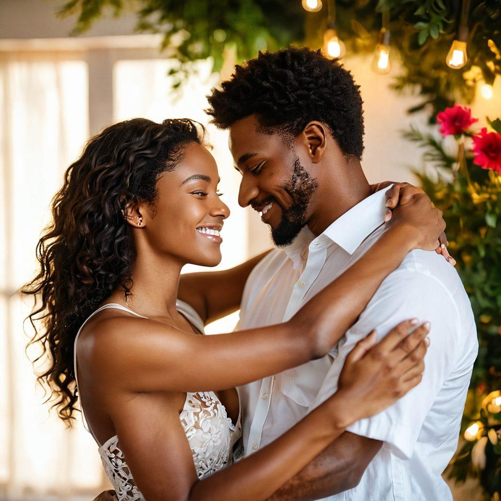 A romantic scene featuring a diverse couple embracing each other, showcasing their body hair with confidence and joy. Surround them with soft, warm lighting and natural elements like flowers and greenery to symbolize self-expression and love. Highlight their smiles and connection to convey warmth and intimacy. Focus on a gentle, ethereal atmosphere to reflect the theme of romance. vibrant colors. soft focus. natural light.