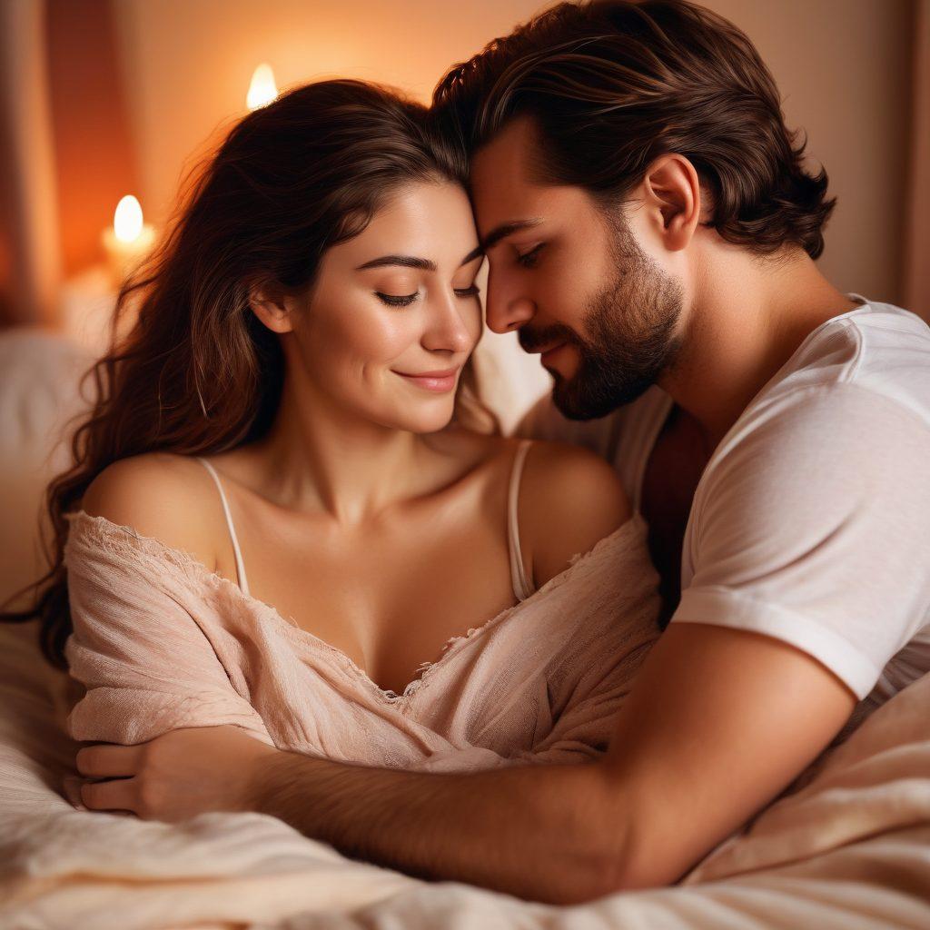 A warm and intimate scene of a couple cuddling, both showcasing their natural body hair, with soft smiles and loving gazes, surrounded by gentle, flowing colors that convey affection. Include elements like candlelight and soft fabrics to create a cozy atmosphere. Capture the essence of deep emotional connection and comfort in a tender moment. super-realistic. warm tones. soft focus.